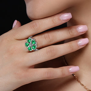 Created Emerald flower ring heart shape and genuine diamonds 925