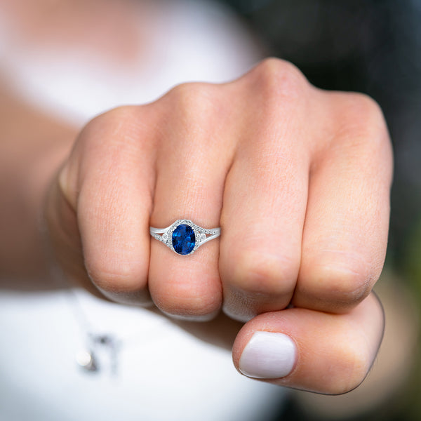 Exquisite Created-Sapphire Gemstone Ring with Diamonds in 14K White Gold