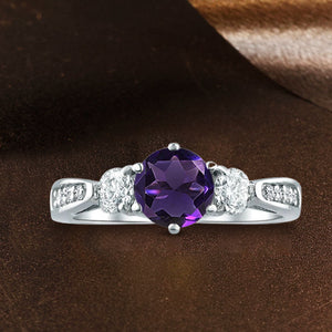 Three Stone Amethyst Gemstone Moissanite Diamond Engagement Ring in 14K White Gold