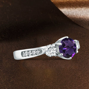 Three Stone Amethyst Gemstone Moissanite Diamond Engagement Ring in 14K White Gold