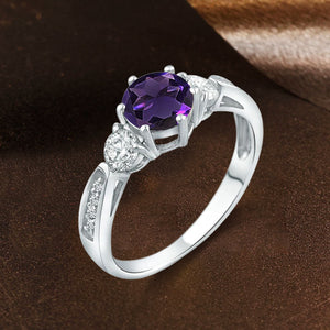 Three Stone Amethyst Gemstone Moissanite Diamond Engagement Ring in 14K White Gold