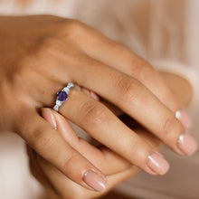 Load image into Gallery viewer, Three Stone Amethyst Gemstone Moissanite Diamond Engagement Ring in 14K White Gold