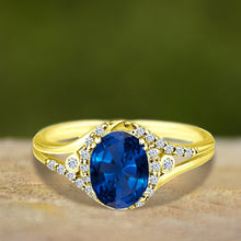 Load image into Gallery viewer, Exquisite Created-Sapphire Gemstone Ring with Diamonds in 14K Yellow Gold