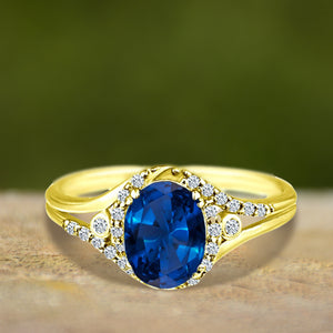 Exquisite Created-Sapphire Gemstone Ring with Diamonds in 14K Yellow Gold