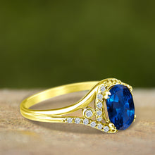 Load image into Gallery viewer, Exquisite Created-Sapphire Gemstone Ring with Diamonds in 14K Yellow Gold