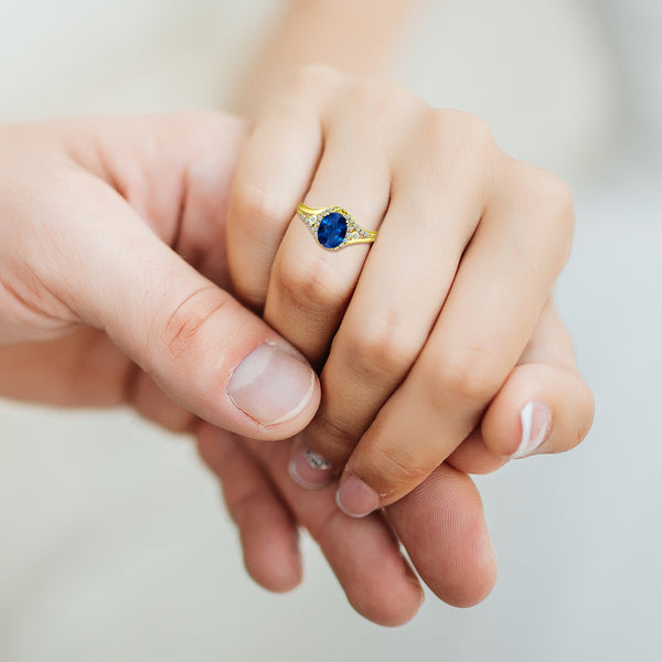 Exquisite Created-Sapphire Gemstone Ring with Diamonds in 14K Yellow Gold