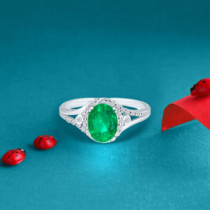 Exquisite 1.20 Carat Natural Emerald Gemstone Ring with Diamonds in 14K White Gold