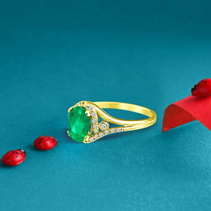 Exquisite 1.20 Carat Natural Emerald Gemstone Ring with Diamonds in 14K Yellow Gold