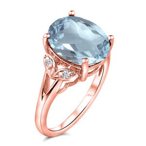 Oval cut aquamarine big gemstone engagement wedding ring in 14K Rose Gold