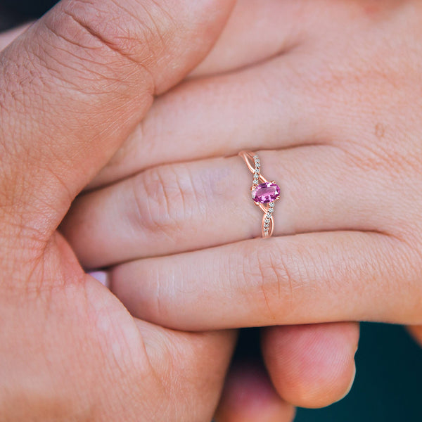 Exquisite Pink Sapphire Gemstone and Diamonds Twisted Band Ring in 14K Rose Gold