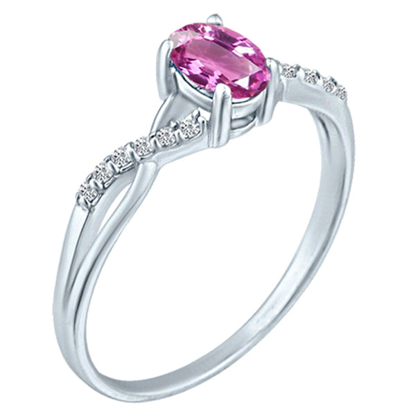 Exquisite Pink Sapphire Gemstone and Diamonds Twisted Band Ring in 14K White Gold