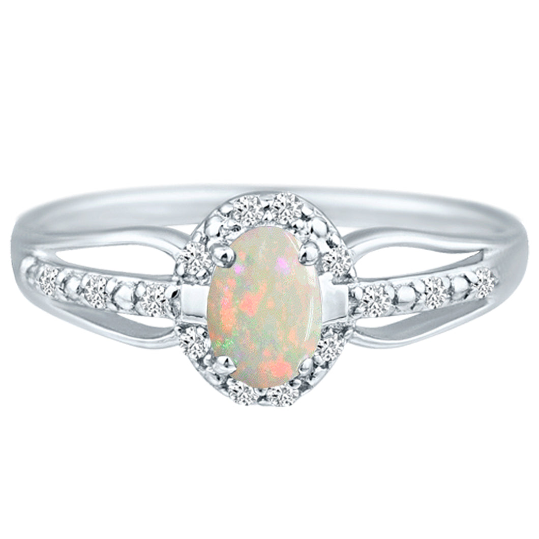 Exquisite Opal Gemstone and Diamonds Ring in 14K White Gold