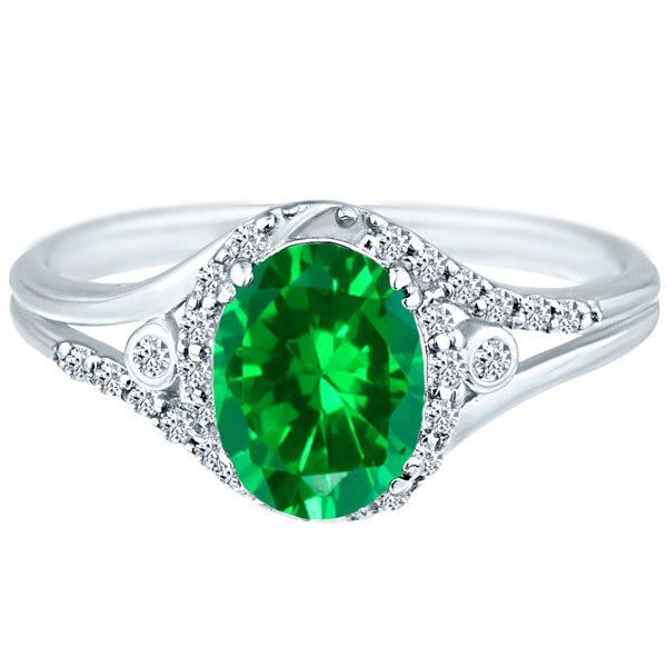 Exquisite Created-Emerald Gemstone Ring with Diamonds in 14K White Gold