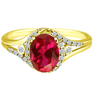 Exquisite Created-Ruby Gemstone Ring with Diamonds in 14K Yellow Gold