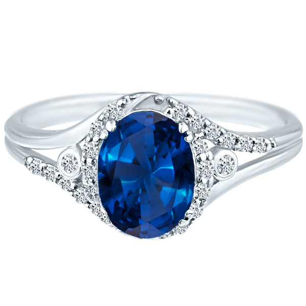 Exquisite Created-Sapphire Gemstone Ring with Diamonds in 14K White Gold