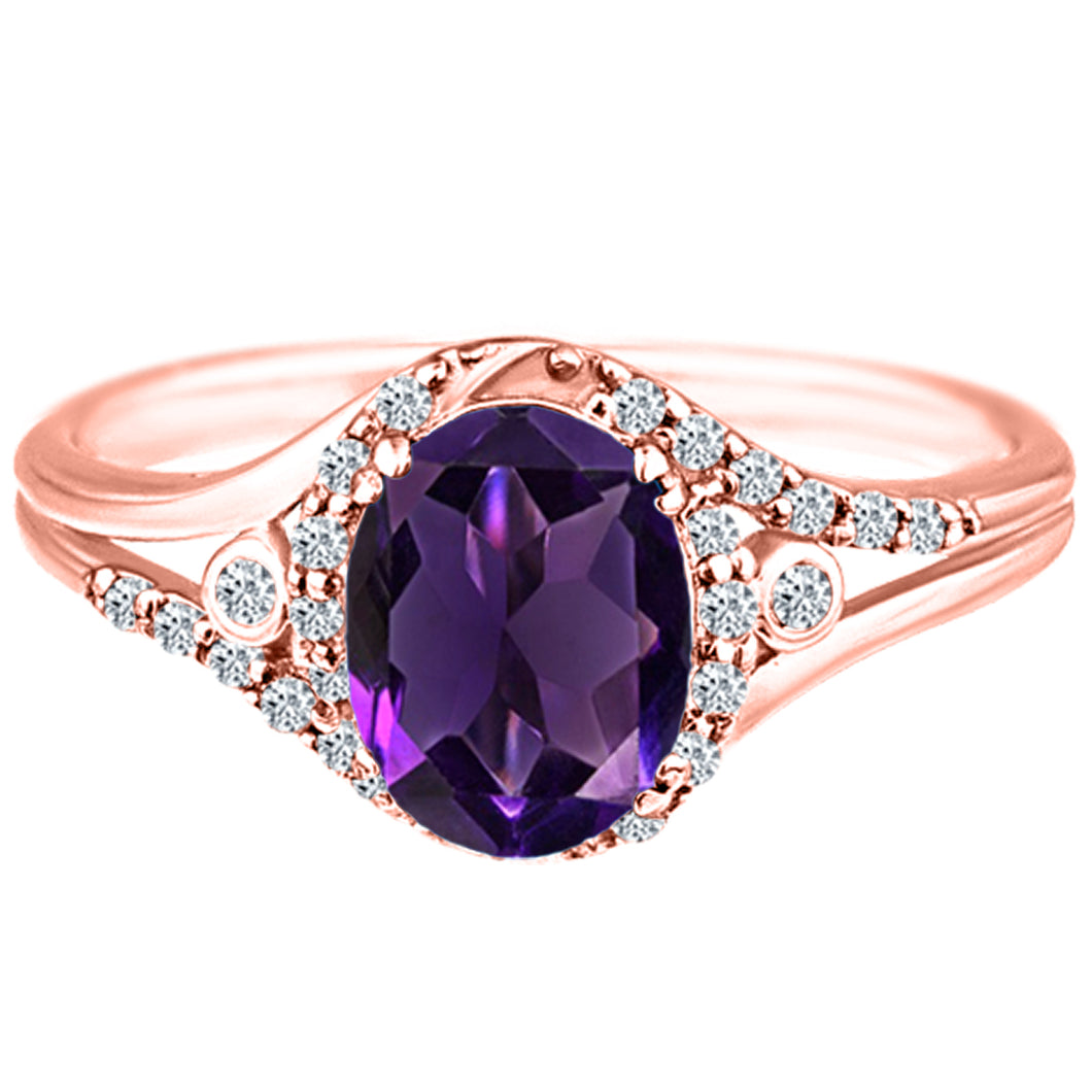 Exquisite 1.10 Carat Natural Amethyst Gemstone Ring with Diamonds in 14K Rose Gold