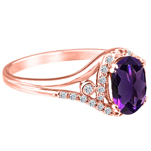 Exquisite 1.10 Carat Natural Amethyst Gemstone Ring with Diamonds in 14K Rose Gold