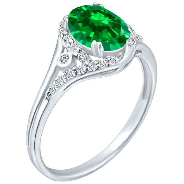 Exquisite Created-Emerald Gemstone Ring with Diamonds in 14K White Gold