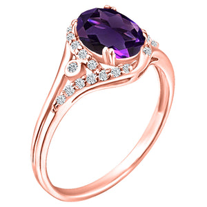 Exquisite 1.10 Carat Natural Amethyst Gemstone Ring with Diamonds in 14K Rose Gold