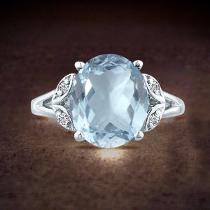 Oval cut aquamarine big gemstone engagement wedding ring in 14K White Gold