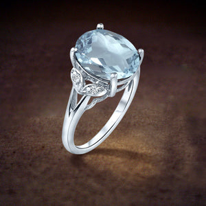 Oval cut aquamarine big gemstone engagement wedding ring in 14K White Gold