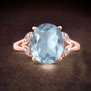 Oval cut aquamarine big gemstone engagement wedding ring in 14K Rose Gold