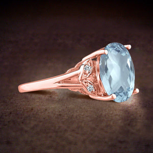 Oval cut aquamarine big gemstone engagement wedding ring in 14K Rose Gold