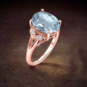 Oval cut aquamarine big gemstone engagement wedding ring in 14K Rose Gold