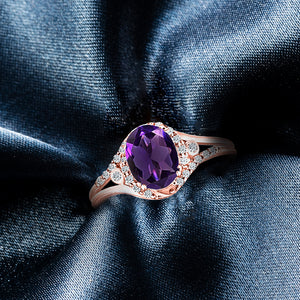 Exquisite 1.10 Carat Natural Amethyst Gemstone Ring with Diamonds in 14K Rose Gold