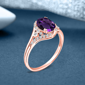 Exquisite 1.10 Carat Natural Amethyst Gemstone Ring with Diamonds in 14K Rose Gold