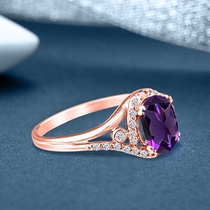 Exquisite 1.10 Carat Natural Amethyst Gemstone Ring with Diamonds in 14K Rose Gold