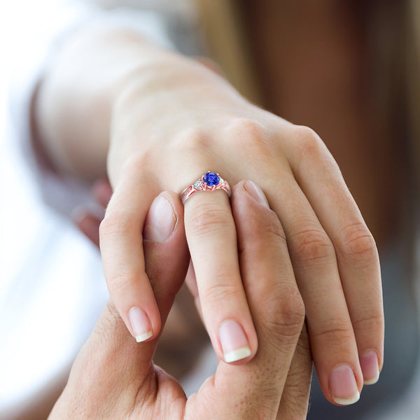 Three Stone Tanzanite Moissanite Diamond Engagement Ring in 14K Rose Gold