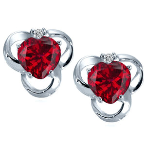 Heart Shape Ruby And Genuine Diamond Studds Silver Earrings