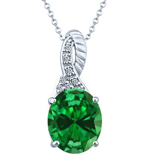 5.00 Carat Oval Cut Lab Created Emerald Gemstone & Diamonds Pendant in 14K White Gold.