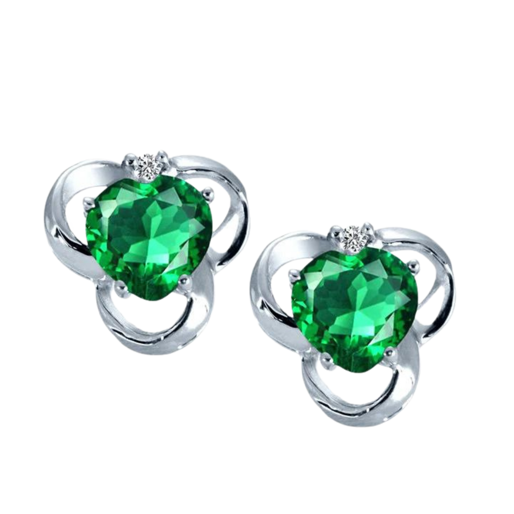 Heart Shape CR Emerald And Genuine Diamond 925 Silver Earrings