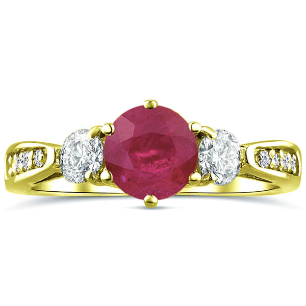 Three Stone Ruby Gemstone Moissanite Diamond Engagement Ring in 14K Yellow Gold