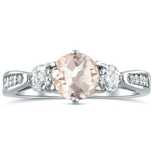 Load image into Gallery viewer, Three Stone Morganite Gemstone Moissanite Diamond Engagement Ring 14K White Gold