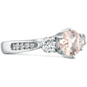 Three Stone Morganite Gemstone Moissanite Diamond Engagement Ring 14K White Gold