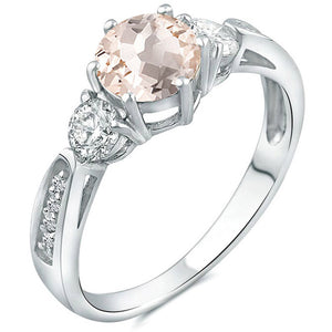 Three Stone Morganite Gemstone Moissanite Diamond Engagement Ring 14K White Gold