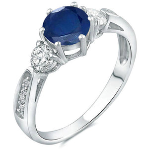 Three Stone Sapphire Gemstone Moissanite Diamond Engagement Ring 14K White Gold