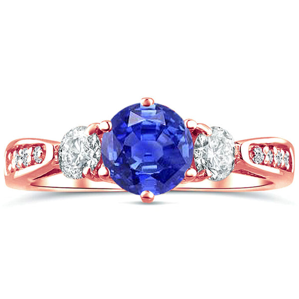 Three Stone Tanzanite Moissanite Diamond Engagement Ring in 14K Rose Gold