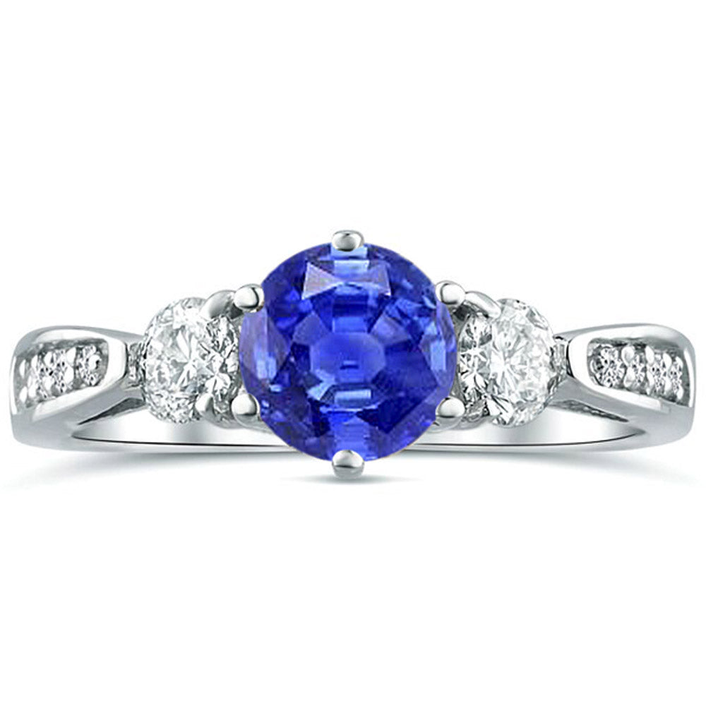 Three Stone Tanzanite Gemstone Moissanite Diamond Engagement Ring in 14K White Gold