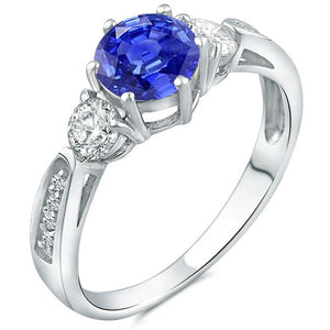 Three Stone Tanzanite Gemstone Moissanite Diamond Engagement Ring in 14K White Gold