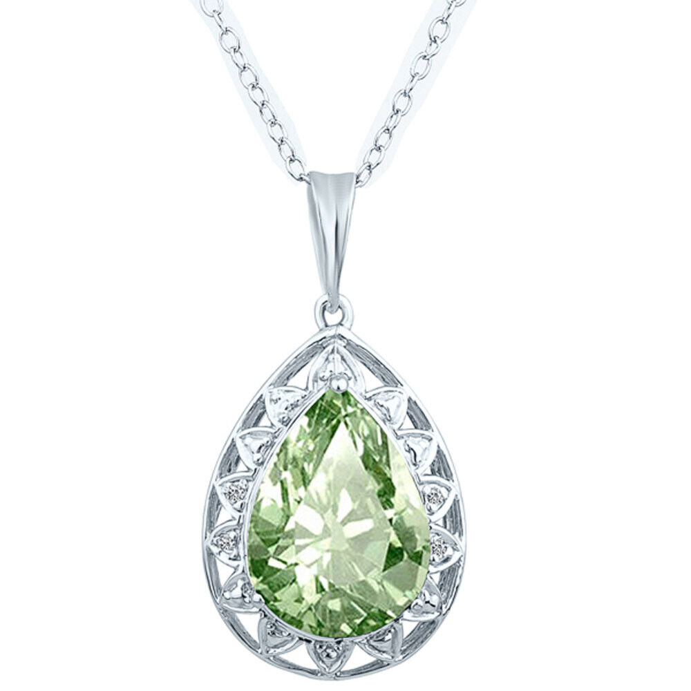 4.54 Ct Pear Shape Green Amethyst Gemstone & Diamond Pendants in 10K White Gold