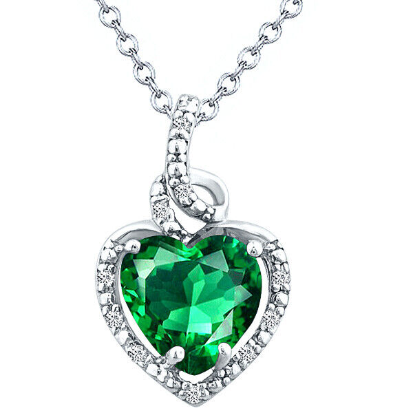 1.72ct CR-Emerald Heart Shape Gemstone and Diamond Pendant in 925 Silver