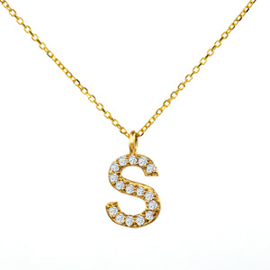 Minimalist elegant S Letter alphabet name diamond necklace in 14k yellow gold