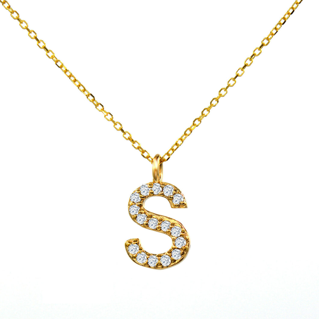 Minimalist elegant S Letter alphabet name diamond necklace in 14k yellow gold