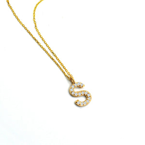 Minimalist elegant S Letter alphabet name diamond necklace in 14k yellow gold