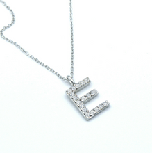 Load image into Gallery viewer, Minimalist elegant E Letter alphabet name diamond necklace in 14k white gold