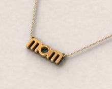 Load image into Gallery viewer, Tiny mom letter pendant Necklace in 14k Yellow gold perfect for mothers day gift